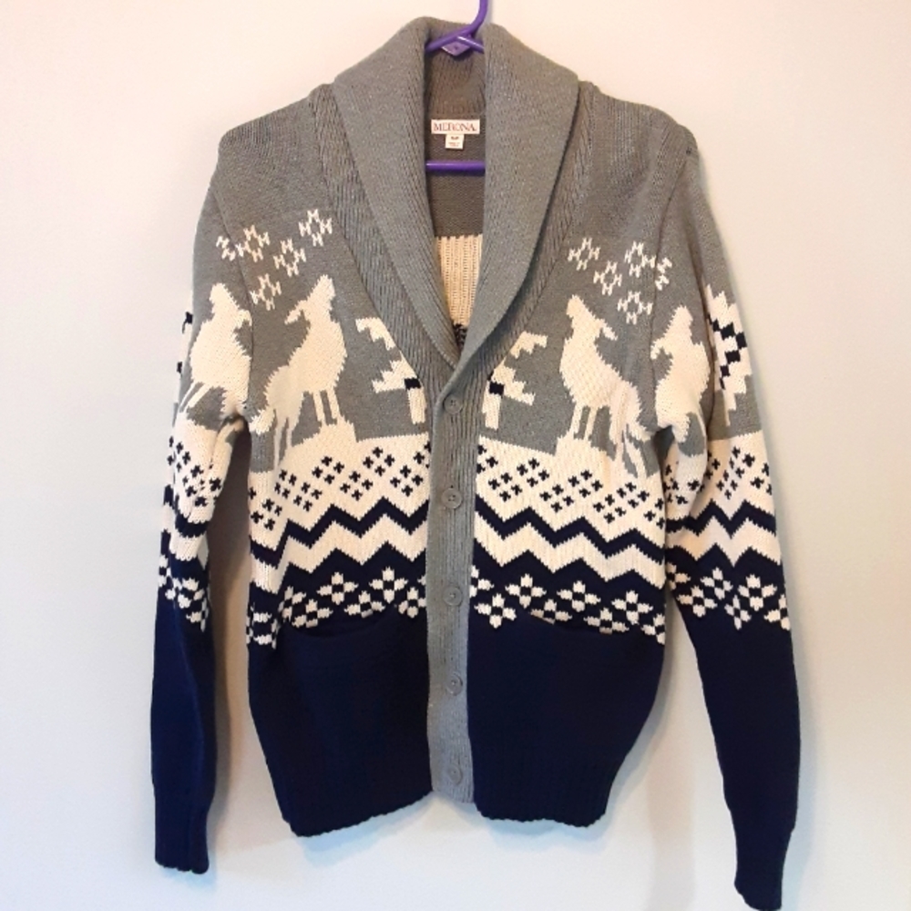 MERONA 2015 TARGET GRANDPA CARDIGAN COYOTE NAVY/GRAY HEAVY KNIT SIZE SMALL  EUC.